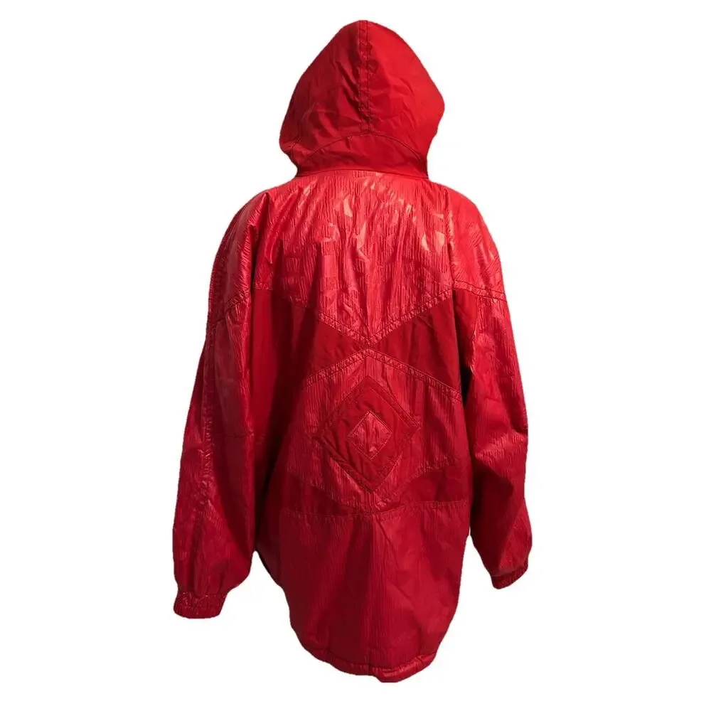 VTG 80s Red Ski Jacket Diamond Aztec Retro Hooded GORGEOUS Parka Snow Outdoor L